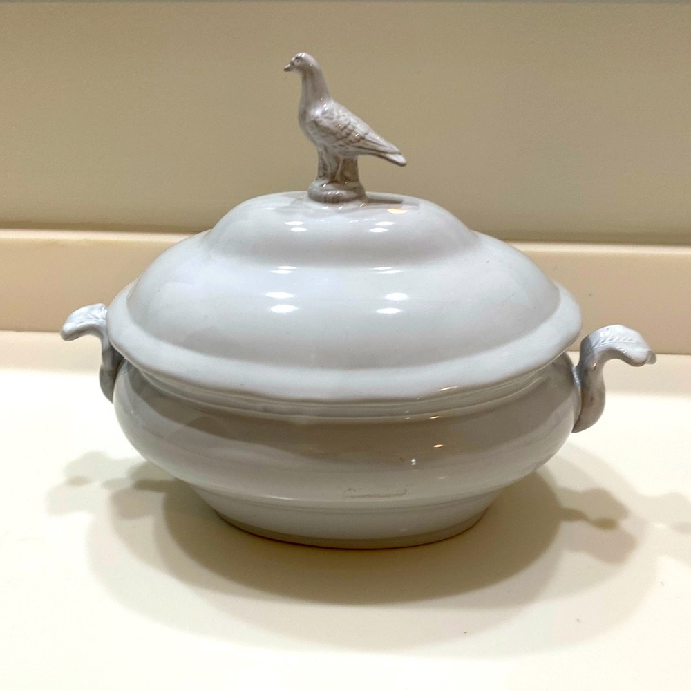NWT Replica 19th Century French White, Covered Serving Dish Tureen w/ Bird Motif